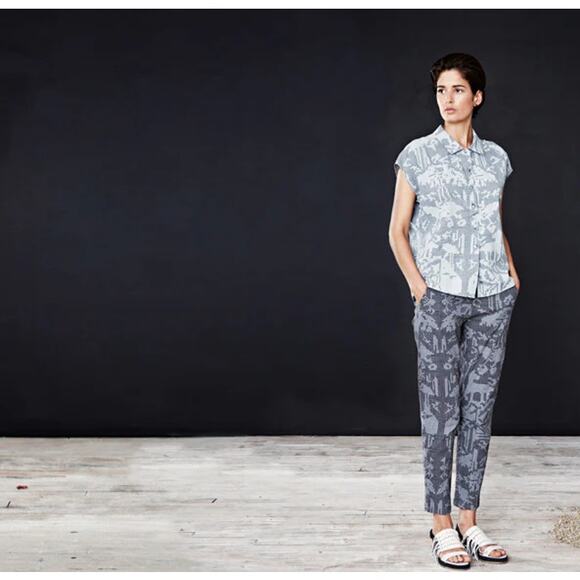 Feral Childe Made in USA Kepler Pant Mars Rover Print Teal Hemp Blend Medium - Picture 1 of 7